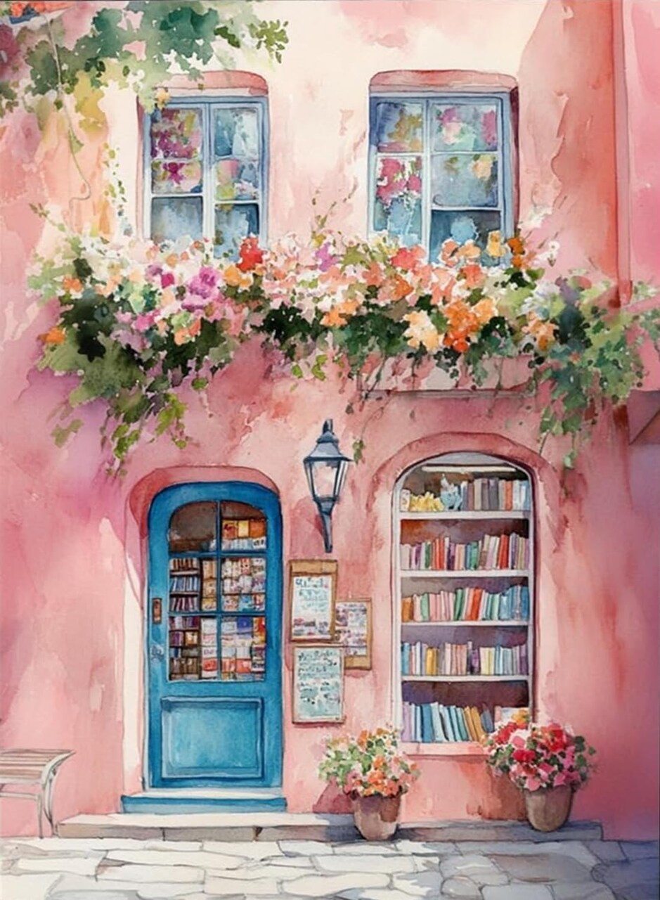Pink Bookshop Diamond Painting Kit for Adults, 5D Full Drill Round Diamond Art Flowers & Bookstore Scene, DIY Gem Painting Craft Kit, Home Wall Decor, Beginner-Friendly 12x16 Inch